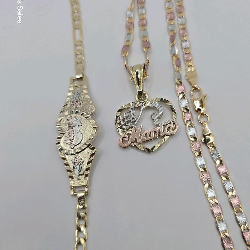 MOTHER'S GIFT SET mama #1 necklace mama bracelet heart and figaro style GOLD-PLATED 7"inches three colors