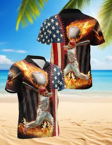 Baseball American Flag 3D All Over Printed Hawaiian Shirt, Button Down Short Sleeve Pattern Hawaiian Shirt Man