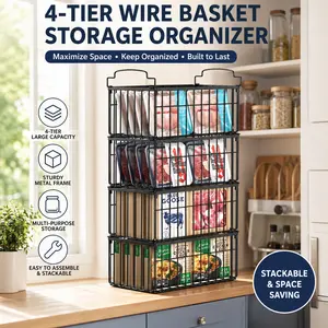 StowCraft 4-Pack Stackable Freezer Organizer Bins | Metal Wire Storage Baskets for Chest Freezer & Fridge | Space-Saving Foldable Pantry Baskets | Rust-Proof & Heavy Duty | Large Capacity Organization