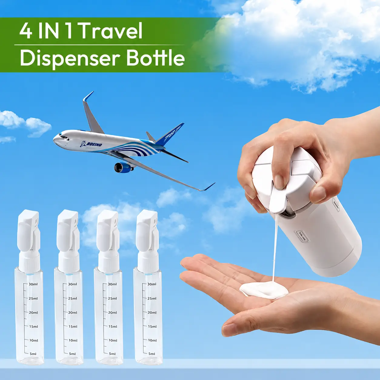 UFORU 4-in-1 Leak-Proof Refillable Travel Shampoo Dispenser Canister Box (30ml, 6.5×2.17in) - Compact Space-Saver Multi-Pack Storage Bottles & Jars for Bathroom Daily Use, Carry-On for Travel, Hotel Stays