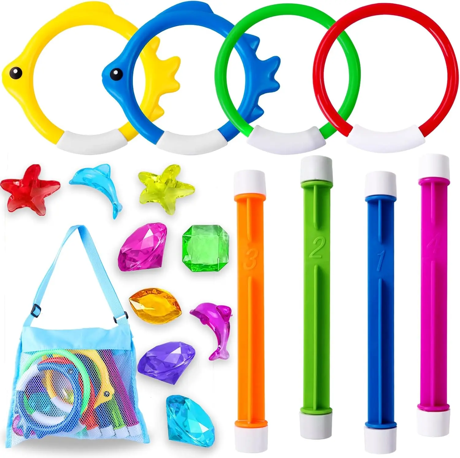 Summer Spring Gift 18PCS Pool Diving Swimming Toys, Summer Underwater Game Toys with Pool Fishes Dive Sticks Rings Gems Storage Bag for Kids Swim Birthday Party Favors