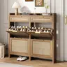 PieDle Furniture Oversized Rattan Shoe Storage Cabinet with 4 Flip Drawers & 2 Drawers – Hidden Slim Shoe Organizer for Entryway, Large Tabletop Space, Farmhouse Boho Narrow Shoe Rack
