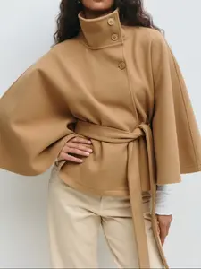 Fashion Solid Color Cape Stand Collar Button Waist Belt Adjustable Windbreaker Jacket, Stylish Pure Color Outerwear for Women, Trendy Casual Coat