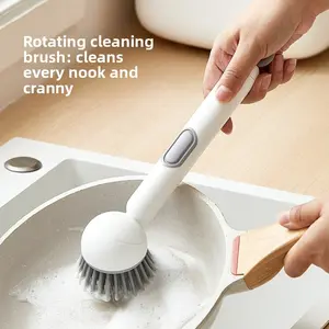 Long Handle Press-type Rotating Pot Brush with Soap Dispenser, Non-scratch Kitchen Cleaning Brush for Dish, Pan, Bowl