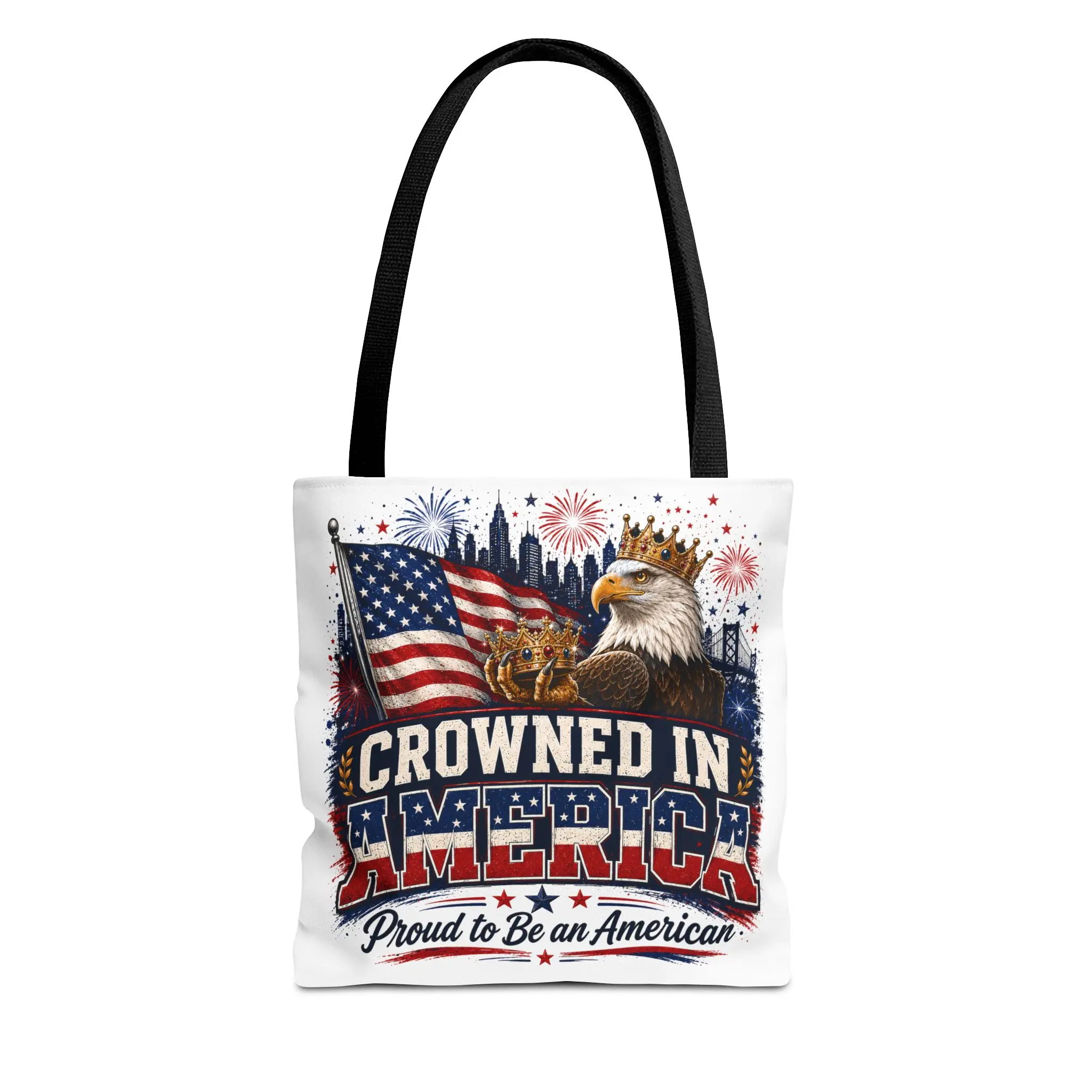 Women's Crowned in Freedom Bald Eagle Tote Bag - Synthetic, Lightweight, Double Handle, All Over Print, Patriotic American Flag Design, 4th of July Themed, Available in 3 Sizes, Available In Three Sizes