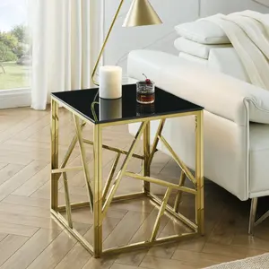 [SOIYELIFE] 20 Inch Modern Glass End Tab with Geometric Metal Frame, Accent Tab Nightstand Furniture Corner Tab for Living Room,Office,Bedroom - Gold entryway console table