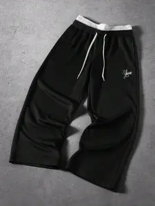 Men's Colorblock Waist Drawstring Casual Streetwear Pants, Trendy Letter Print Loose Straight Leg Long Pants, Comfortable and Stylish