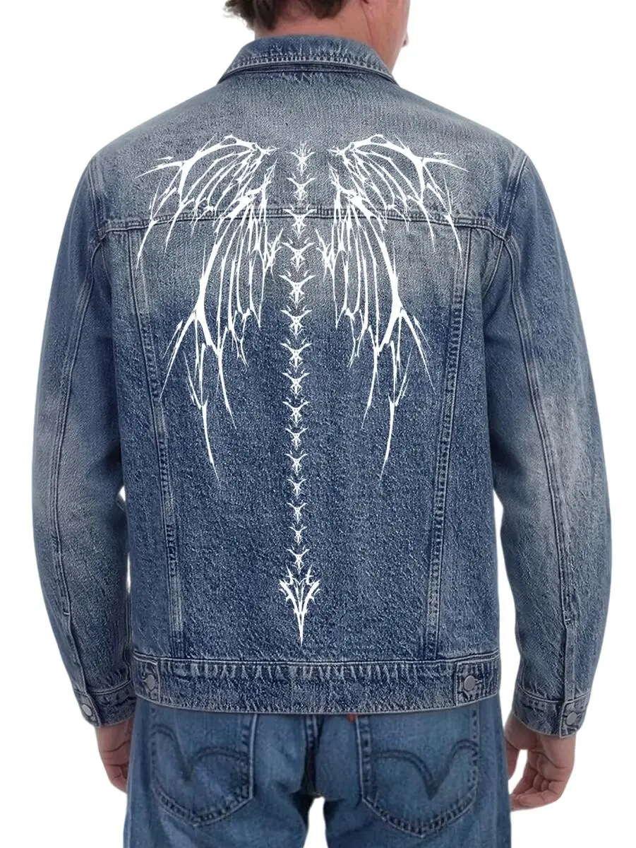 Grunge Street Layer Denim Jacket With Skeleton Spine Inspired Graphic Design For Men Dark Aesthetic Lifestyle