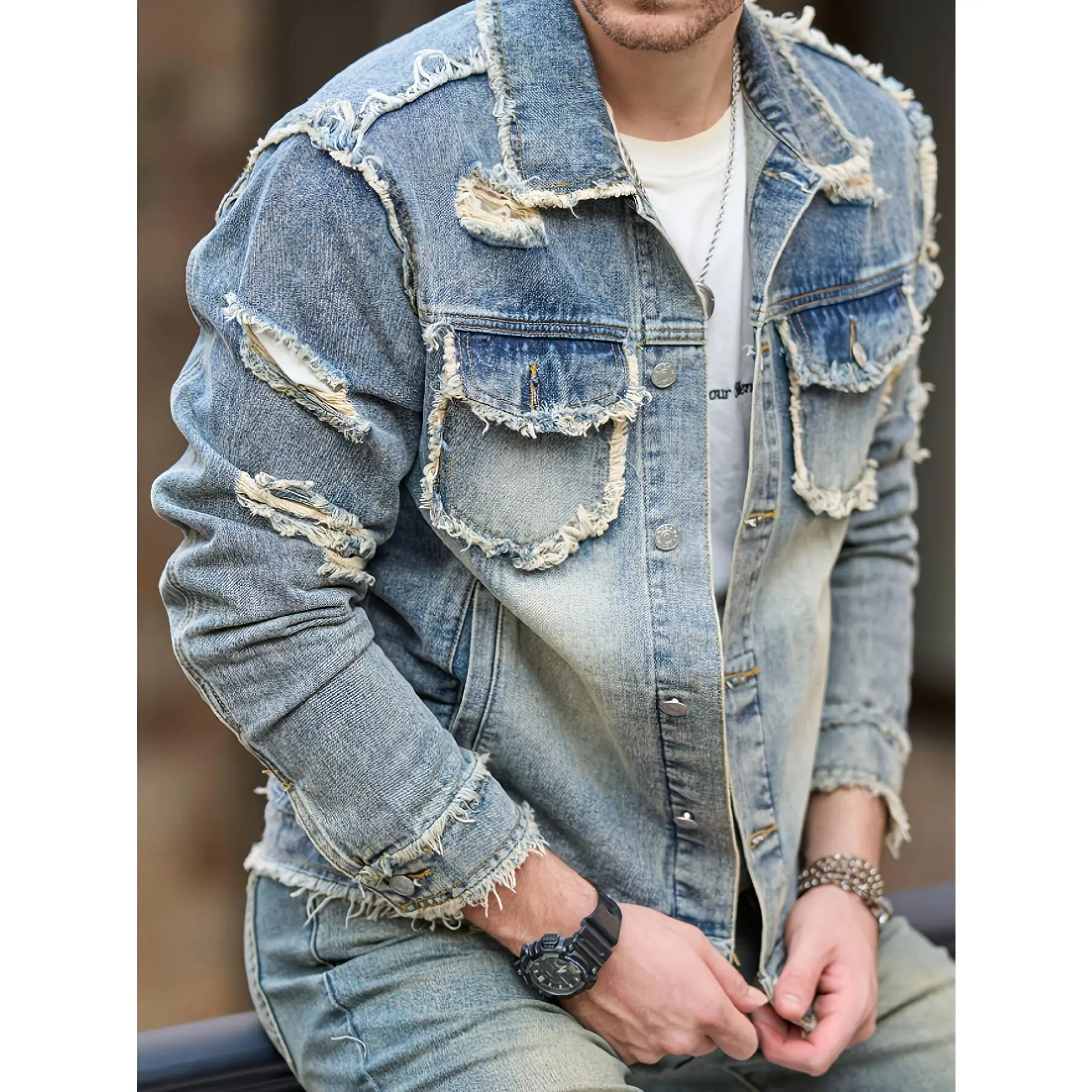 Men's Retro Distressed Denim Jacket, Heavy-Duty Long Sleeve Trucker with a Plain Vintage Wash for Street Style Coats Pocket, Menswear, Casual