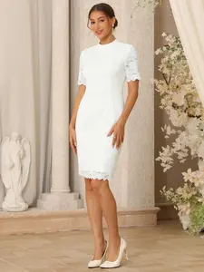 INSPIRE CHIC Women's Lace Sheath Dress Formal Mock Neck Short Sleeves Wedding Evening Dresses