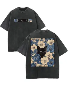 Men's Short-Sleeve Round Neck Retro Washed Cotton Loose Oversized T-Shirt - Menswear Streetwear Casual Graphic Tee, Distressed Cut, Double-Sided "Cat in the Flowers" Vintage Floral Feline Print, Shortsleeve