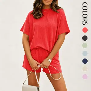 Women's Summer Casual & Comfortable Loungewear Set — Short-Sleeve Cable-Knit Top & Pocketed Shorts (Ribbed Texture)