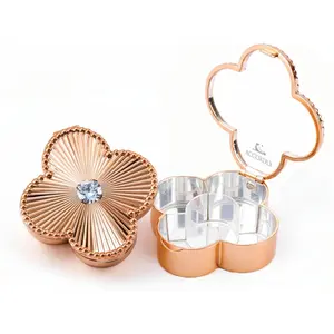 Lucky Charm Luxury Travel Pill Organizer, 5 Compartments, Easy-Open Lock, Mirror, Cute Compact Pill Box for Purse, BPA-Free, Gold, Stylish Vitamin Case & Small Jewelry Storage (Rose Gold)