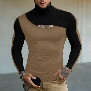 INCERUN Men's Longsleeve Tshirt - Knit Fabric Top, Spring/Summer Fashion, Deconstructed Patchwork, Color-Blocking Cutout Design, Longsleeves