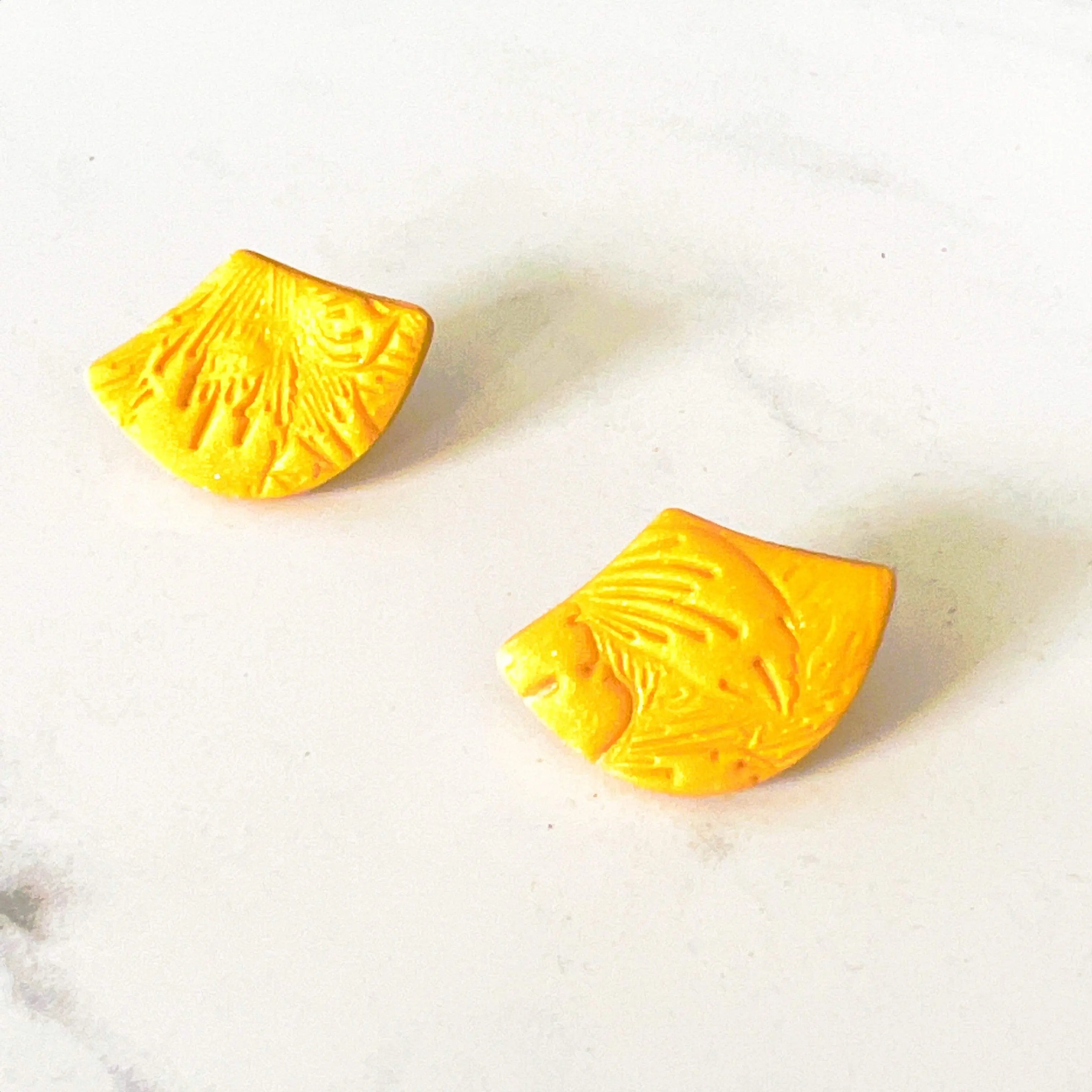 Yellow Embossed Fan Stud Earrings - Hypoallergenic Titanium Posts