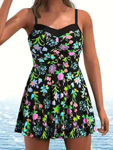 Women's Plus Size Fashion Elegant Floral Print Adjustable Strap Dress & Bikini Set, Casual Striped Swimsuit, All Seasons