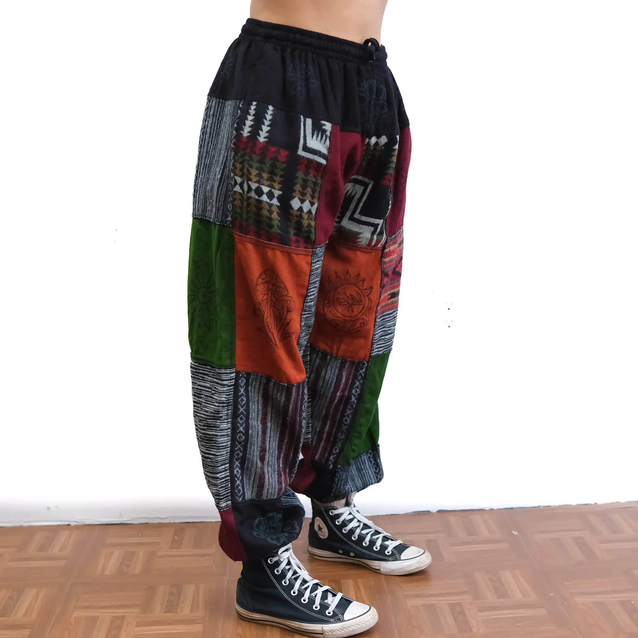 Patch Winter Joggers, Unisex Wool Blend Hippie Trousers, Block Print, Handmade Harem Yoga Pants, Plaid Baggy Pants, Boho, Mushroom Print, Unisex Stretchy Cargo Pants with Pockets,