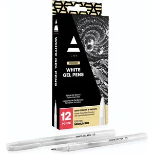 White Gel Pens, Set of 12 Rollerball Pens for Drawing, Highlights & Writing, Opaque Ink for Black Paper and Dark Surfaces