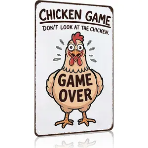 Funny Chicken Game Don't Look At The Chicken Vintage Tin Sign for Home Farm Chicken-Coop Kitchen Garden Yard Decor 8X12 Inch (3937)