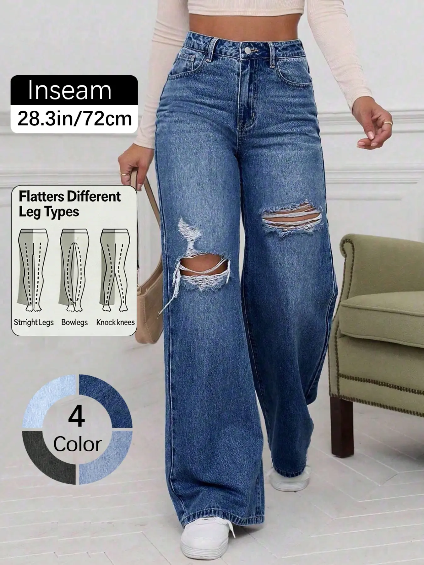 High-Waisted Ripped Jeans, Loose-Fitting Button Fly Dark Wash Denim Jeans, Mid Waist Floor-Length Casual Basic Style, All-Season Streetwear Baggy Pants Womenswear