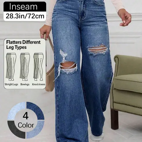 High-Waisted Ripped Jeans, Casual Distressed, Loose-Fitting Button Fly Dark Wash Denim Jeans, Mid Waist Floor-Length Casual Basic Style, All-Season Streetwear Baggy Pants Womenswear