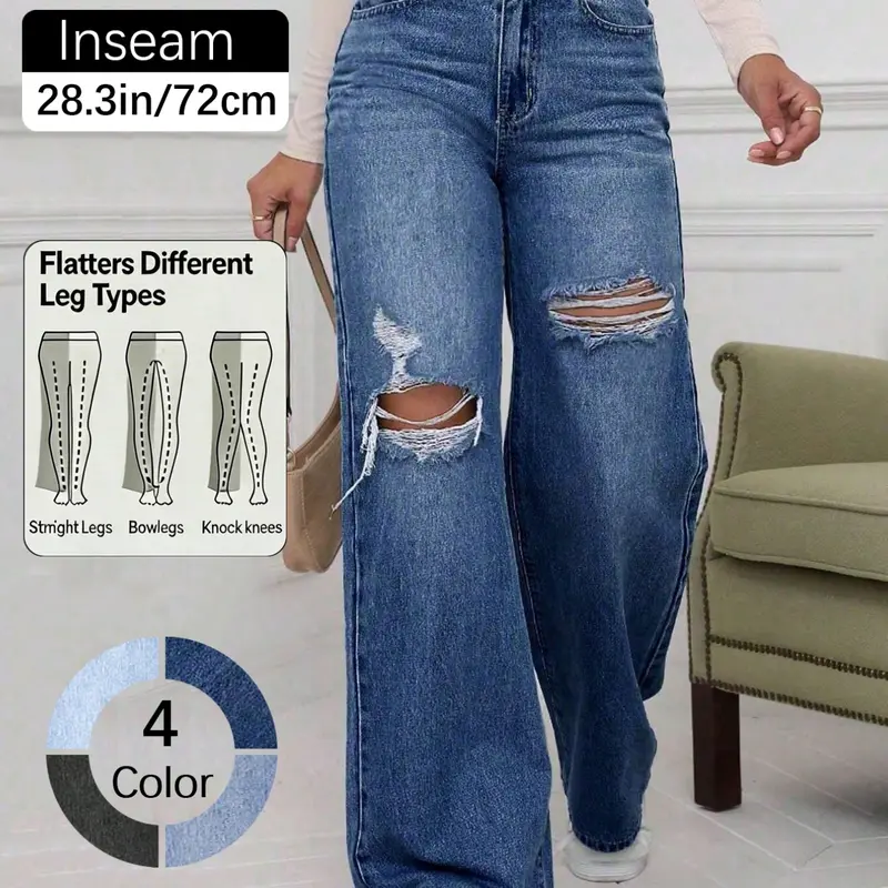 High-Waisted Ripped Jeans, Casual Distressed, Loose-Fitting Button Fly Dark Wash Denim Jeans, Mid Waist Floor-Length Casual Basic Style, All-Season Streetwear Baggy Pants Womenswear