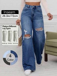 women's plain ripped jeans, casual comfy denim trousers for daily wear, ladies baggy bottoms for summer