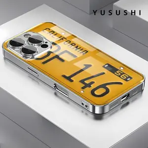 Vintage California License Plate Glass Phone Case with Bold Yellow and Black Font, Compatible with iPhone 16 Pro Max, 16, 15 Pro, 14, 14 Plus, 14 Pro Max, 13, 13 Pro, 12 Pro, 11, 11 Pro Max Models, Glass Material, Anti-Slip Protection. It's a Gift for Fam