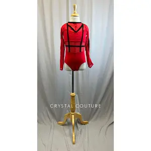 Red and Black Caged Waist Long Sleeve Leotard
