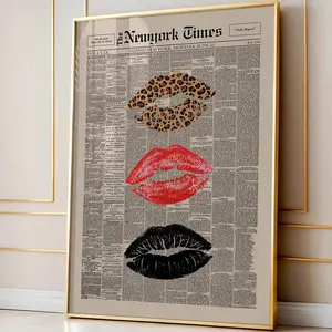 Retro Black Red Leopard Kiss Lips Newspaper Poster, Vintage Newspaper Print, Funky Girly Wall Decor, Preppy Aesthetic Wall Art