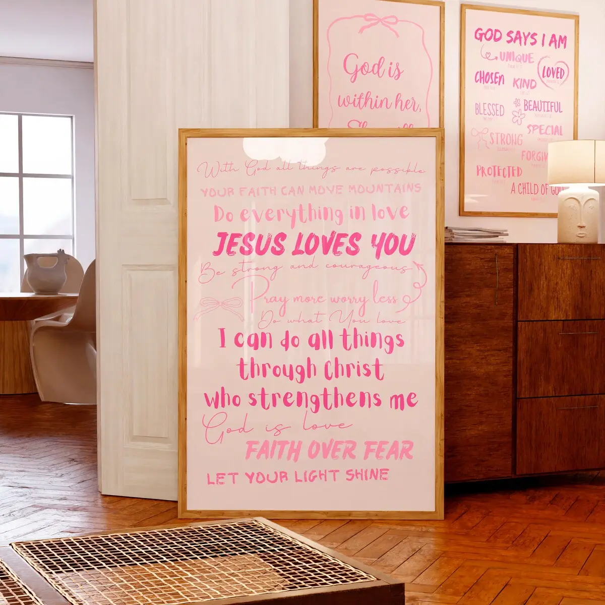Pink Scripture print | Girly Christian wall art| Aesthetic room decor For teen girl Bible verse wall art | Affirmations Jesus Loves You | Frameless Poster