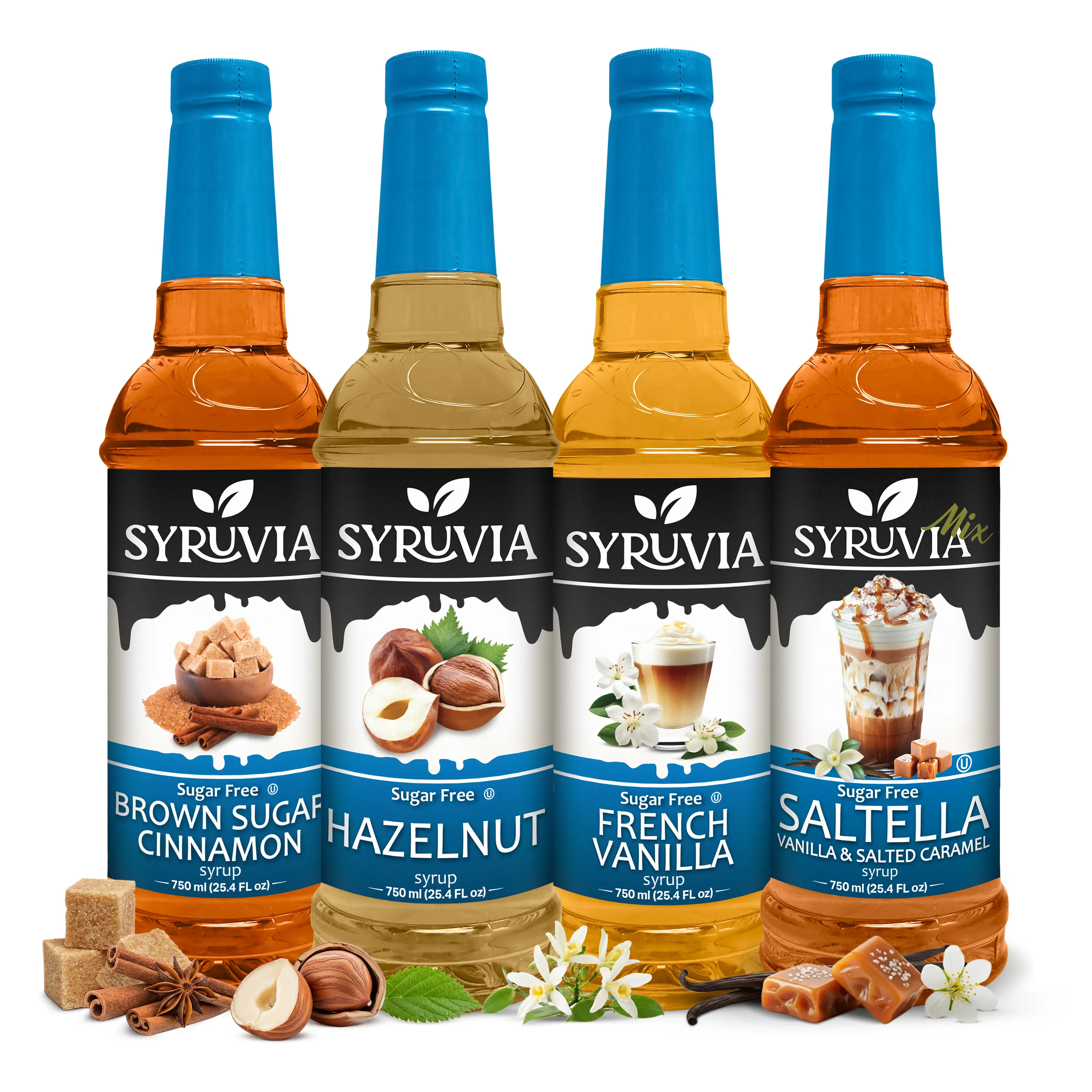 Syruvia Sugar Free Coffee Syrup Variety Pack – Brown Sugar Cinnamon, Hazelnut, French Vanilla & Saltella Flavors – Gluten-Free, Kosher, 25.4 fl oz Bottles for Coffee, Lattes & Desserts (4-Pack), Sweet