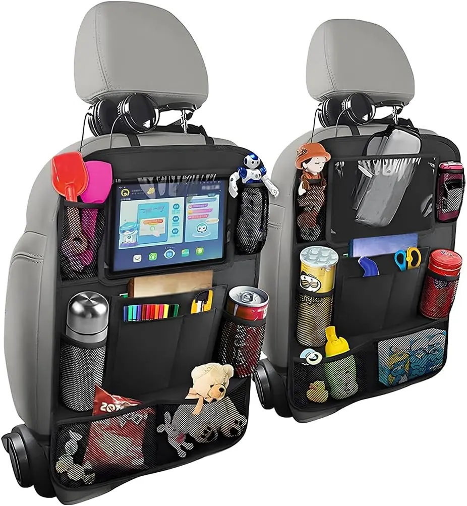 2PCS Car Seat Back Organizer, Waterproof Vehicle Storage Bag with Touch Screen Tablet Holder & 9 Pockets, Auto Kick Mats Back Seat Protector for Kids, Universal Travel Accessories