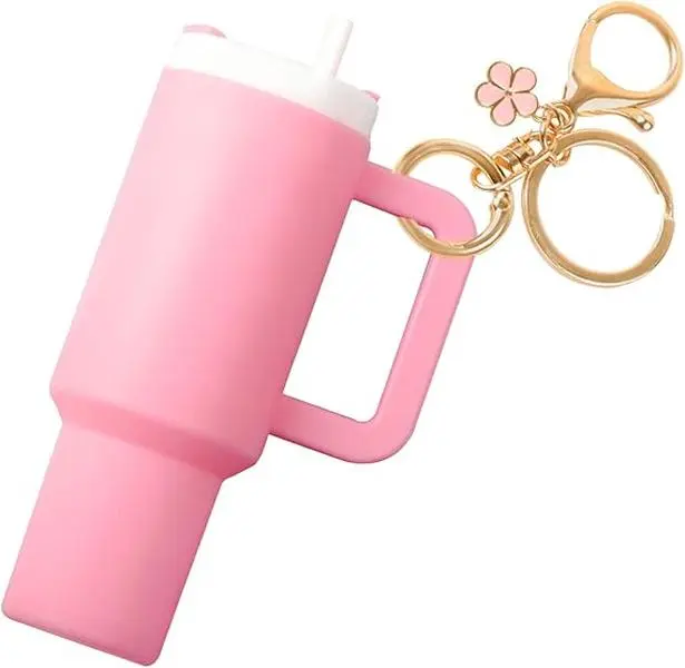 Mini Tumbler Keychain for Stanley Cup Accessories,Cute Mini Cup Flower Charm for School Bag Backpack Gir Women  ， springtok ，Mini Tumbler Keychain ChapstickHolder Clip Pink Round，Mother's Day gifts
