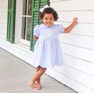 Light Blue Stripe Seersucker Collared Dress - Sweet Scalloped Outfit for Girls