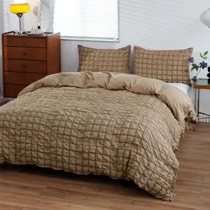 Khaki Grid Ruched Duvet Cover Set, 3Pcs Textured Checkered Bedding Set with 2 Pillowcases, Soft Breathable Microfiber Comforter Cover with Crinkle Design, Modern Minimalist Aesthetic Bedroom Decor for All Season, No Pillow Inserts Included