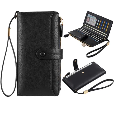 VTLASK Women's Basic Aesthetic Leather Carryproof Wallet - Mil-grade RFID Shielded, 12+ Card Slots, Roomy Zip Pocket for Phone+Keys, Slim Wristlet Clutch, Card Handling, Fits Modern Outfits, Ideal for Anniversaries