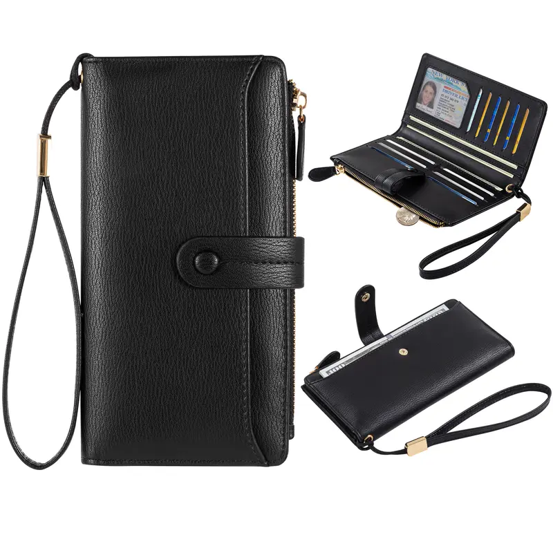 VTLASK Women's Basic Aesthetic Leather Carryproof Wallet - Mil-grade RFID Shielded, 12+ Card Slots, Roomy Zip Pocket for Phone+Keys, Slim Wristlet Clutch, Card Handling, Fits Modern Outfits, Ideal for Anniversaries