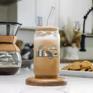 Cat & Book Pattern Glass Cup, 1 Count 16oz Reusable Glass Cup with Straw & Lid, Drinking Cup for Home & Coffee Shop, Iced Coffee Glass, Glass Water Cup, Drinkware