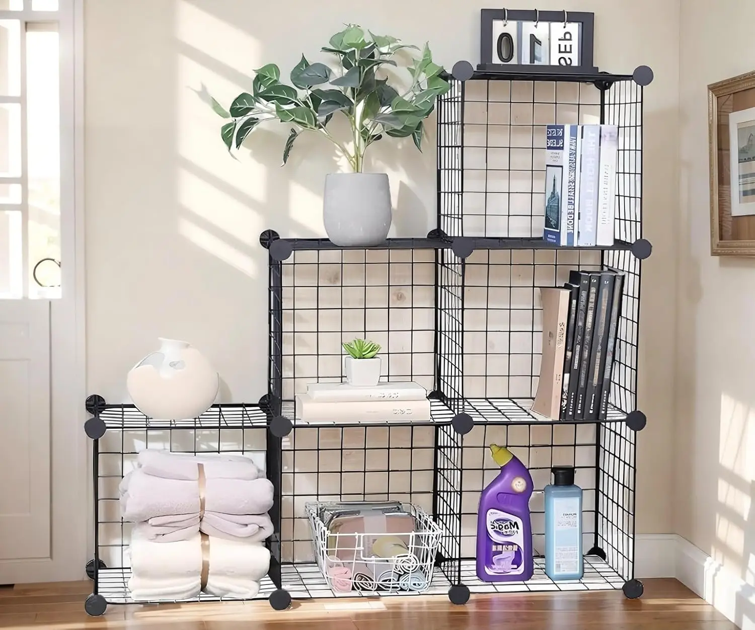 Cube Storage Organizer - 6 Cube Closet Organizers with Wire Metal Grids, Stackable Modular Shelves, Black for Home, Office, Kids Room