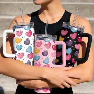40oz Heart Candy Pattern Large Capacity Car Thermos Cup Tumbler with Straw and Handle,Insulated Stainless Steel Vacuum Cup, Suitable For Travel, School, Office, Outdoor, Gym, Home And More, Gift For Women & Teens, Holiday & Birthday Gift
