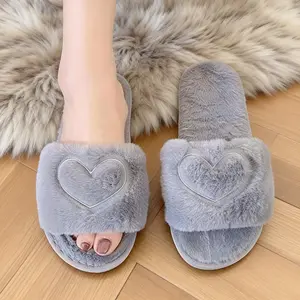 Women's Heart Embroidered Fuzzy Flat Slipper Soft Plush Lining Wide Band Cute Warm Slippers for Fall Winter Trending Shoes Gift Ultimate Comfort Snug Fit Support Casual Footwear