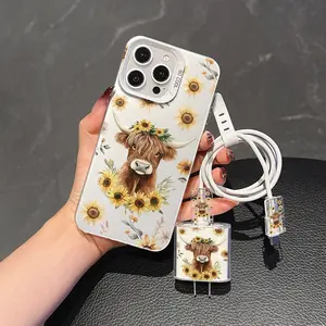 5 Piece Set Silver Sunflower & Cow Phone Case, Charger Head Cover, Cable Protector, Storage Rope, Anti-Drop Tpu Case for iPhone