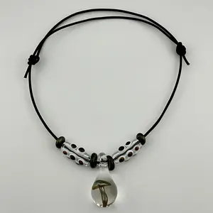 #2Electrum Glass Mushroom Necklace with Accent Beads on Premium Leather Cord Handmade Jewelry
