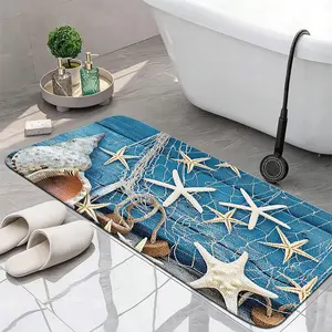 Ocean Theme Starfish Seashell Bath Mat, Blue Wood Print, Thick Faux Wool, Skin-Friendly, Non-Slip, Absorbent, Durable, Easy Clean, All Seasons