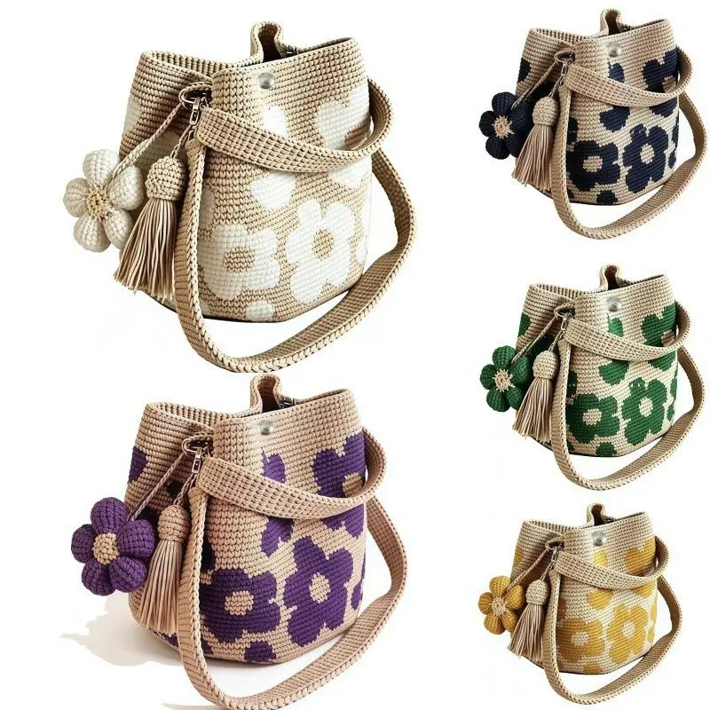 Women's Hand-Crocheted Floral Cotton Tote Bag - Soft Yarn Shoulder Bag with Detachable Tassel Flower, Hollow-Woven Handmade Accessory for Beach, Daily Use