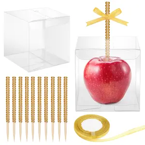 10+10 Candy Apple Boxes with Hole and Sticks, 10Pcs Bling Candy Apple Sticks/ 10Pcs Candy Apple Boxes with Hole/ 25 Yard Ribbon