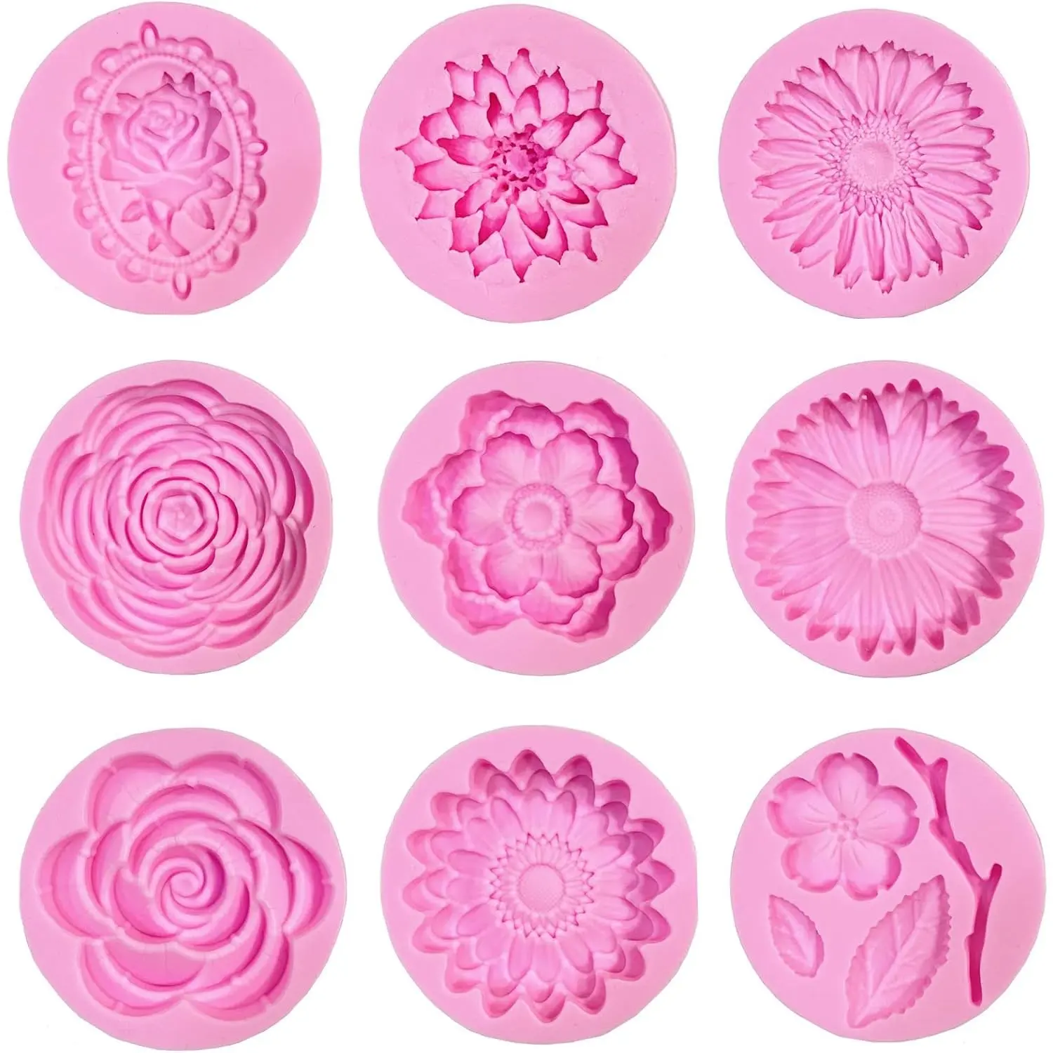 9Pcs Round Silicone Flower Fondant Mold Set - Easy-to-Clean Home Improvement Mold with Better Release Effect for Cupcake Dessert Decor, Handmade Soap, Jewelry Making, 9Pcs(Round Shape)