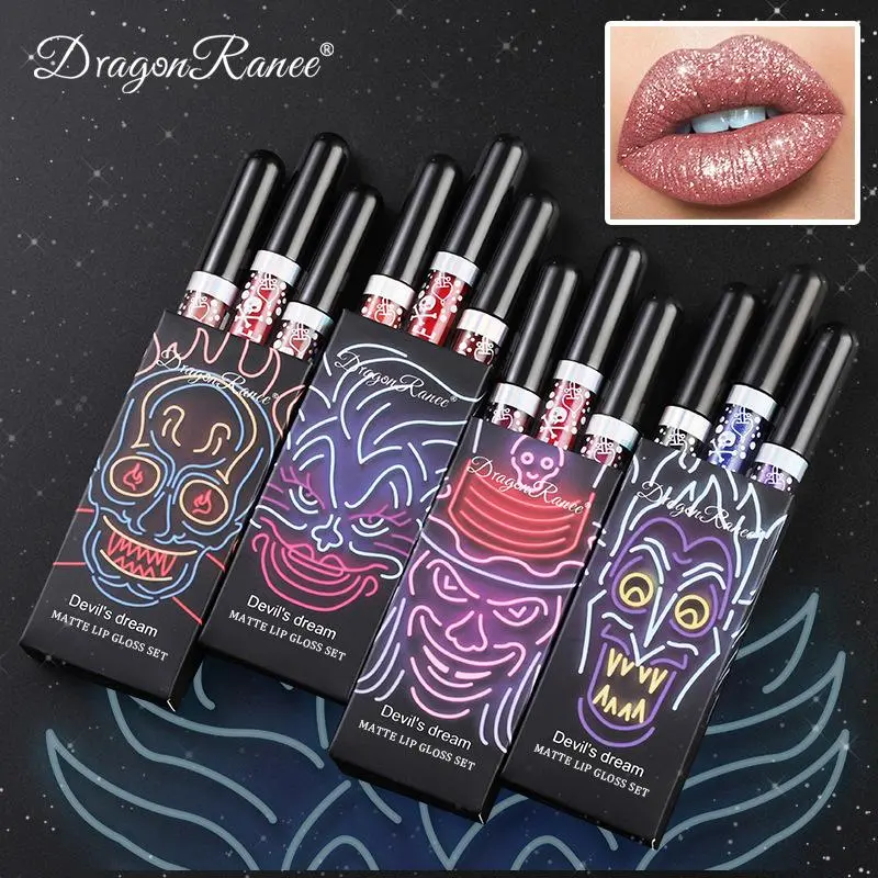3pcs Glitter Lipstick Set Waterproof Blue Purple Black Lip Gloss Shiny Lip Tint Halloween Lip Makeup Lasting Lipgloss Cosmetics