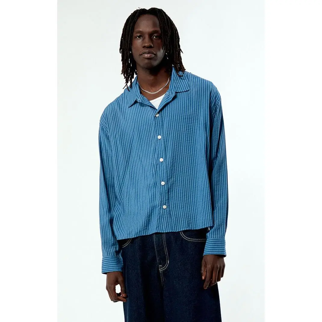 Pacsun Men's Blue Striped Boxy Long Sleeve Shirt